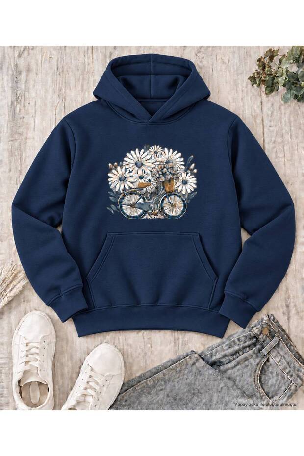 Women's Oversized Hooded Sweatshirt with Floral Bicycle Print - Drapey, Flowy Fit
