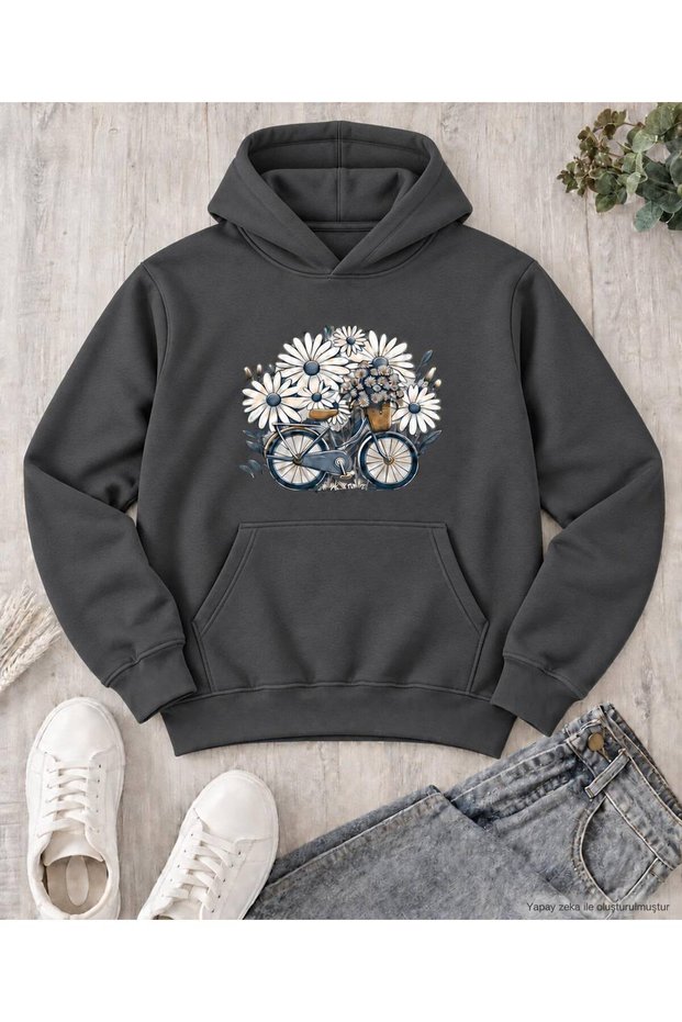 Women's Oversized Hooded Sweatshirt with Floral Bicycle Print - Drapey, Flowy Fit