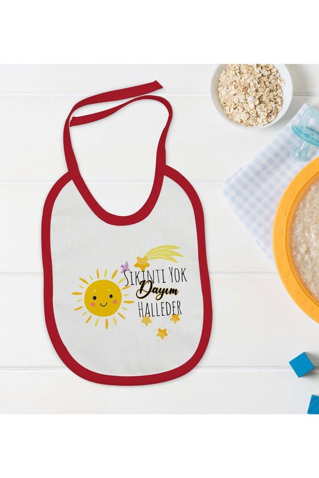 BK Kids "No Worries, My Uncle Will Take Care of It" Red Baby Bib with Design - 1