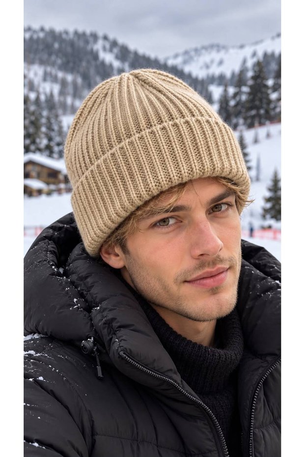 Beige Soft-Textured Corded Fabric Knit Men's Beanie