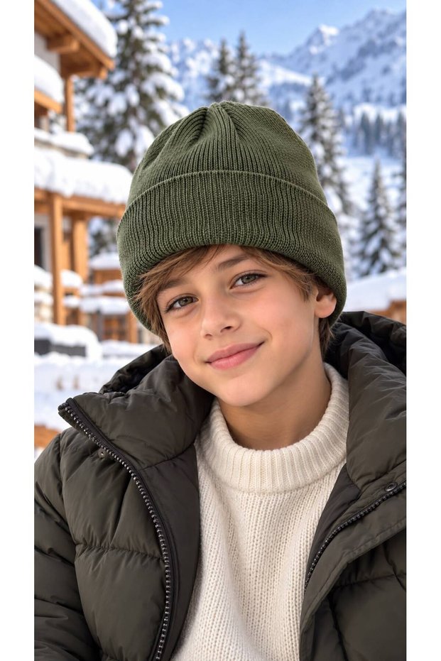 Khaki Soft-Textured Knit Boy's Beanie, Ages 7–12