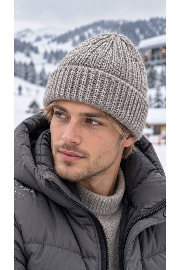 Gray Soft-Textured Corded Fabric Knit Men's Beanie