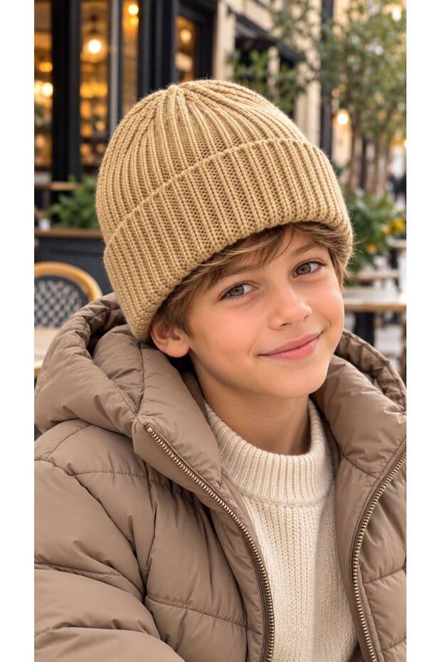 Beige Soft-Textured Corded Fabric Knit Boys' Beanie, Ages 7–12