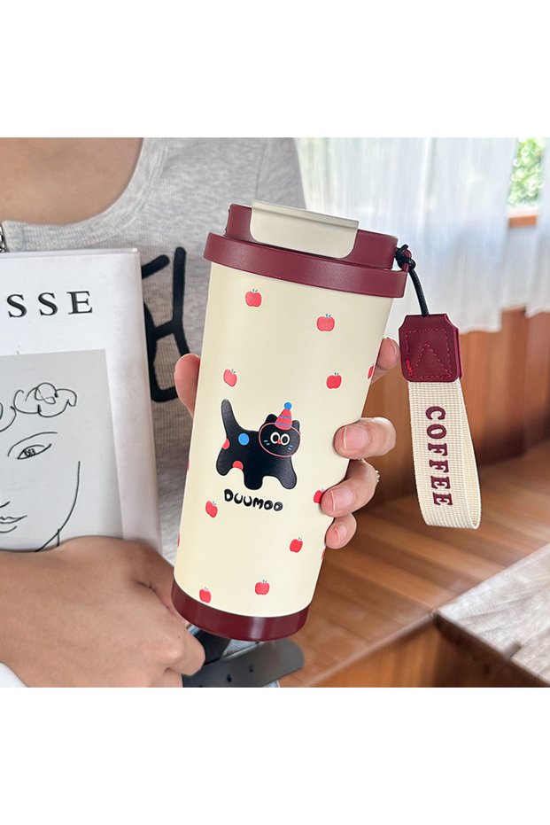 Stainless Steel Insulated Coffee Cup Lychee Texture Straw Student