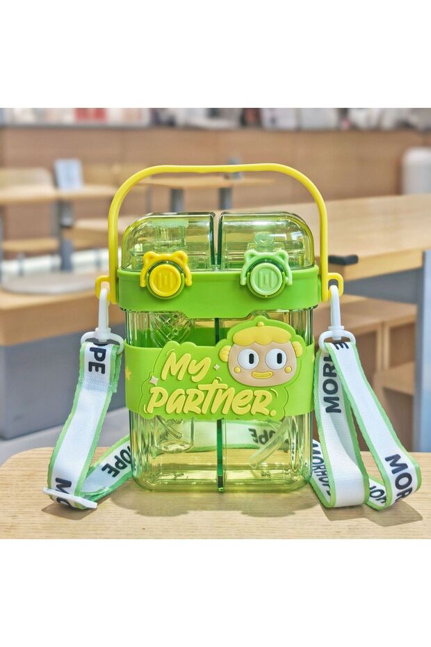 Dual Drink Compartment Kids Straw Cup Strap Student Portable Bottle