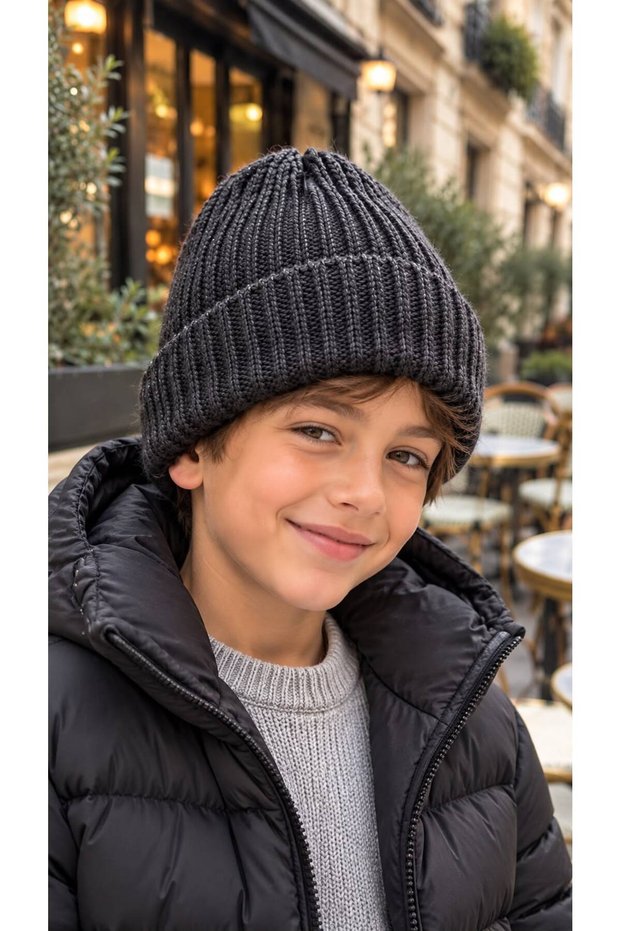 Charcoal Grey, Soft-Textured Rib-Knit Boys' Beanie, Ages 7β12