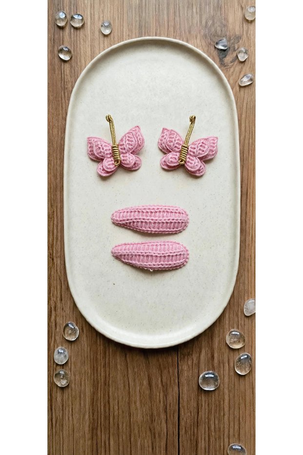 Pink Knitted Butterfly and Snap Button Hair Clip Set - 4-Piece Set of Handmade Baby and Kids' Hair Clips