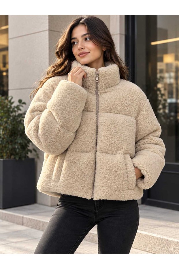 WOMEN'S PLUSH MOCK NECK - ZIPPERED WINTER COAT