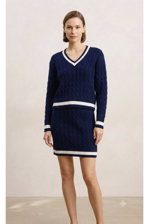 V-Neck, Long-Sleeved, Braided Basic Sweater and Elastic-Waisted, Striped Detail, Knit Skirt Set