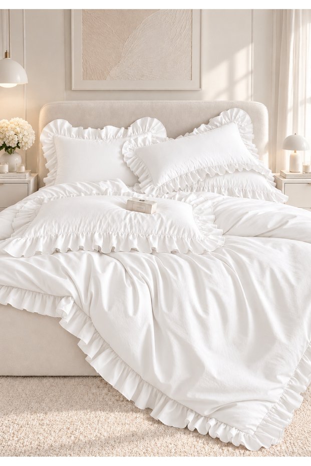 DOUBLE-SIZE WHITE RUFFLED BED SHEET SET AND 2 PILLOWCASES