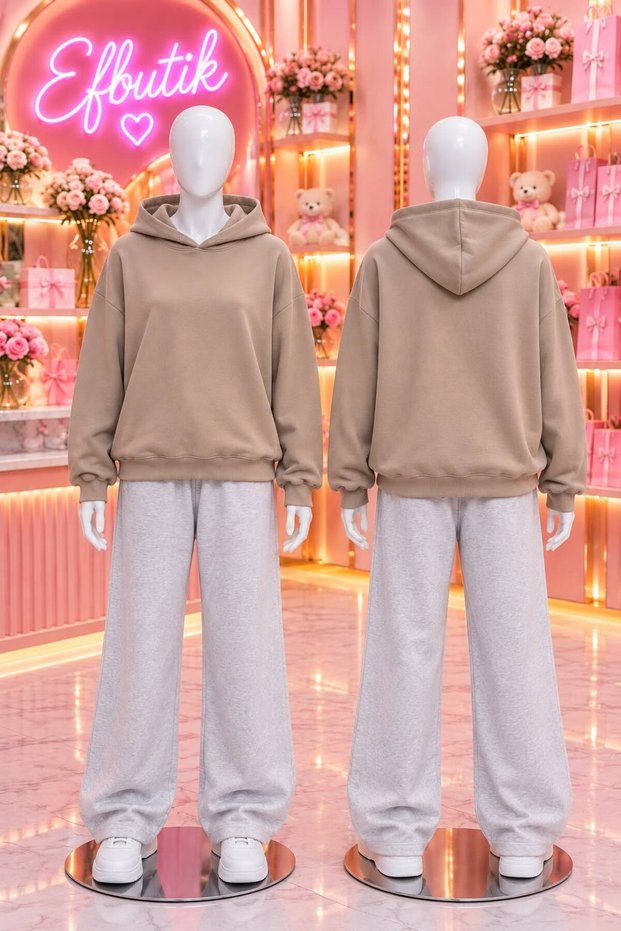 Beige 2-Ply Basic Hooded Sweatshirt