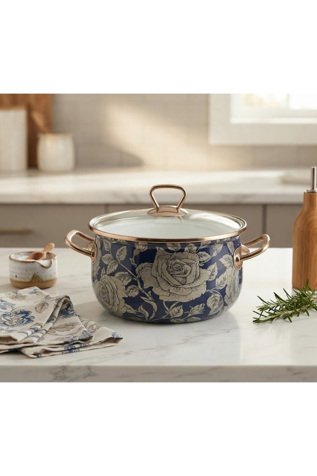 18 CM, 2 LITERS, NAVY BLUE, FLORAL-PATTERNED ENAMEL POT FOR MILK AND YOGURT, WITH STEEL HANDLES