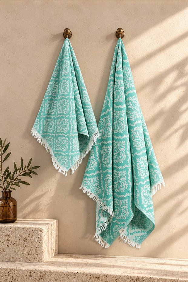 Baroque Pattern Peşkir and Peştamal Set, Green - 100% Cotton - Bath Towel Set