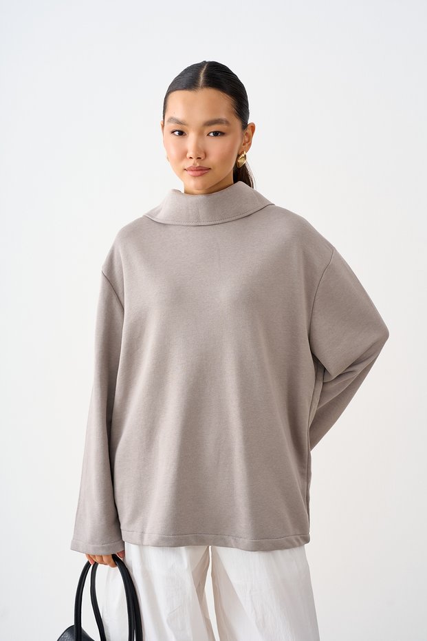 Women's Sweatshirt with Snap Collar Detail, 3-Ply, Light Gray