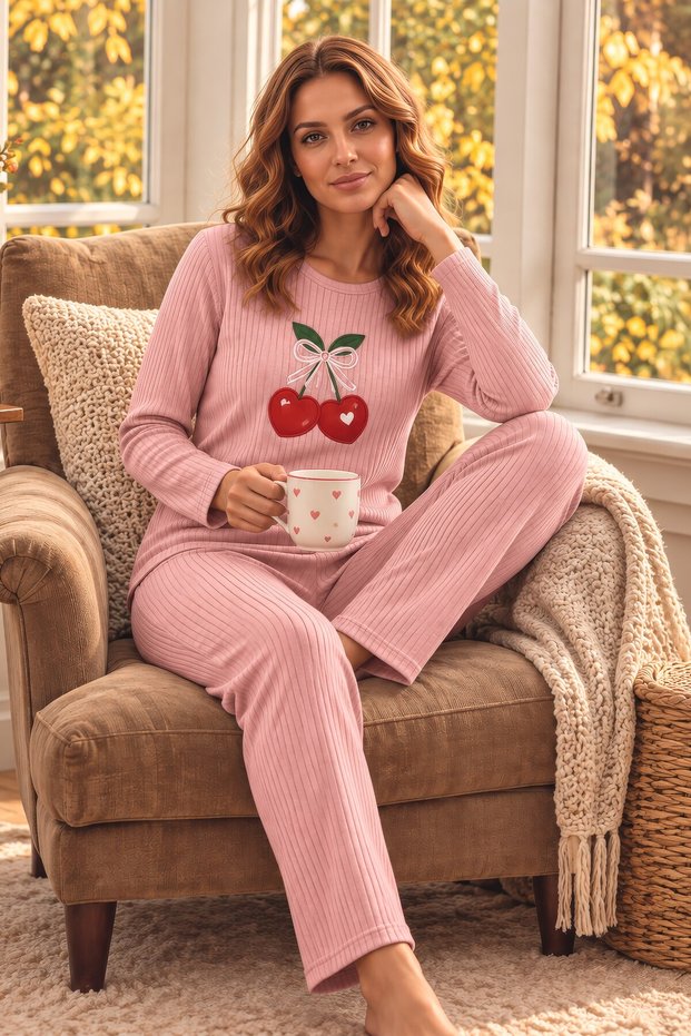 Cotton Soft Touch Patterned Interlock Salmon-Colored Women's Pajama Set with Embroidered Details