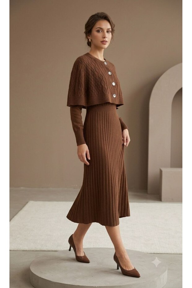 Round-Neck Braided Short Poncho Cardigan, Long-Sleeve Midi Dress with Elastic Waistband and Pleats, Knit Two-Piece Set