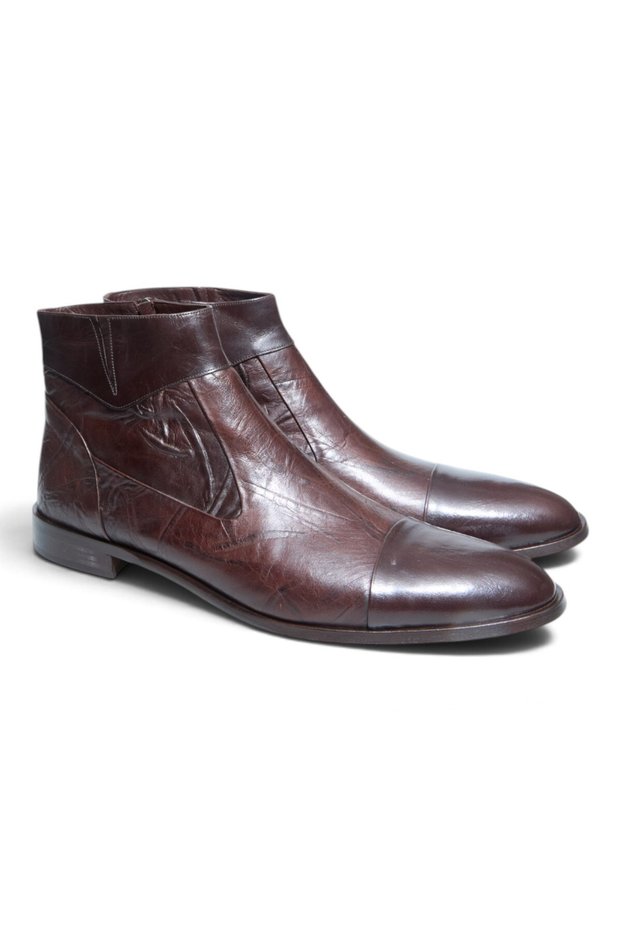 BROWN BUFALO-BROWN PLEATED LEATHER BROWN LACE-LESS GENUINE LEATHER MEN'S BOOTS