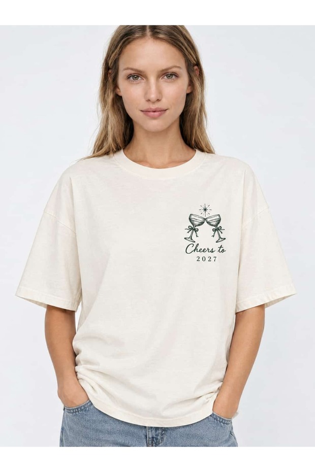 Christmas, New Year's, "Cheers to 2027" Printed Ecru Boxed Fit Women's T-Shirt - C590