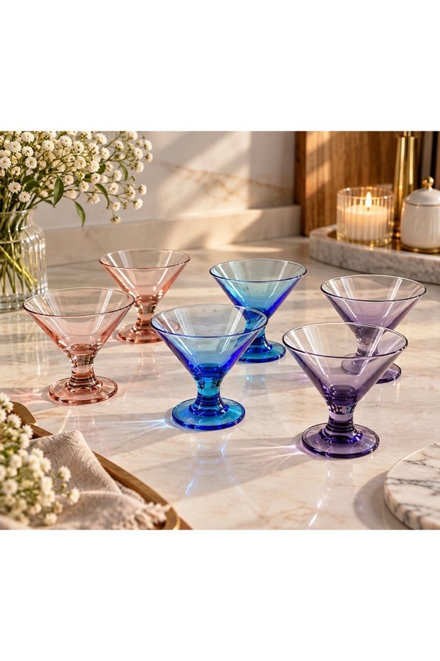 Set of 6 Colorful Glass Serving Bowls with Stands – For Desserts and Ice Cream