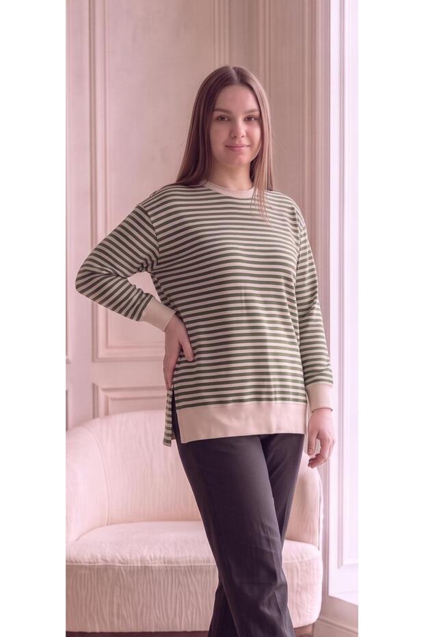 Women's Plus Size Green and Beige Striped Long-Sleeved Basic Cotton Long Sweatshirt