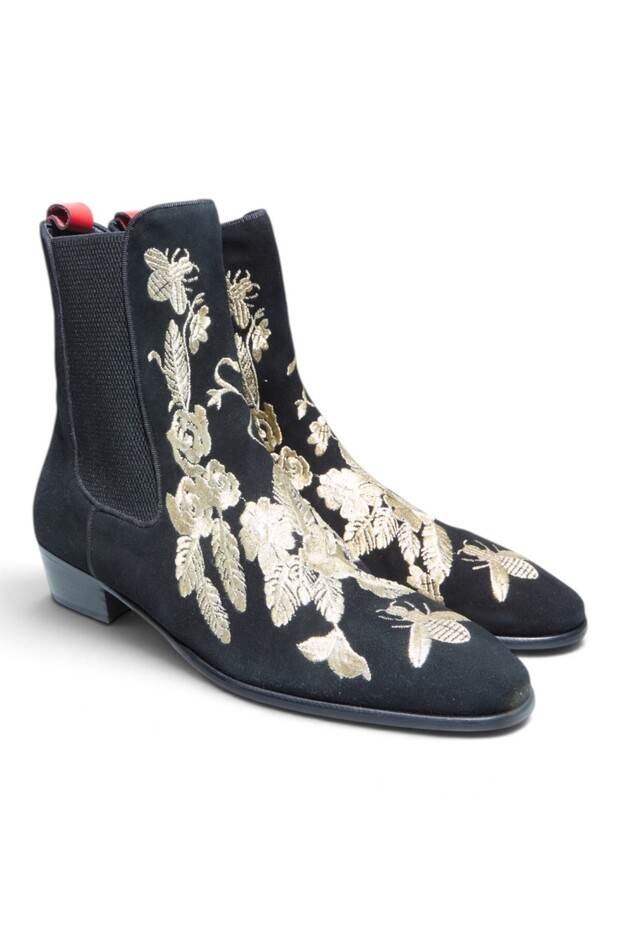 BLACK SUEDE - GOLD EMBROIDERY - RED NAPA BLACK LACE-LESS MEN'S BOOTS WITH GOLD GENUINE EMBROIDERY