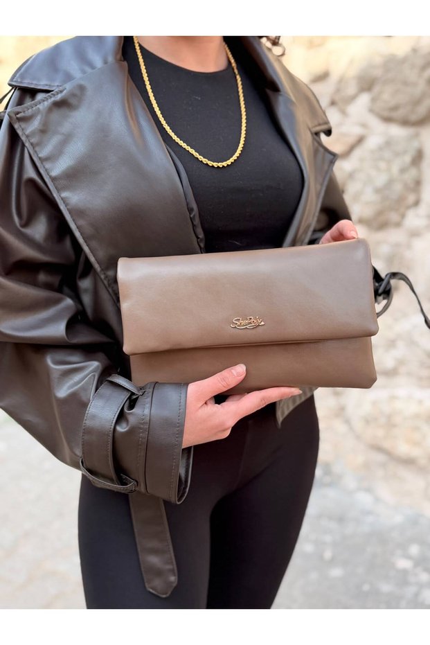 Women's Taupe Color Leather Clutch Bag with Flap, Envelope-Style, Elegant Clutch Bag