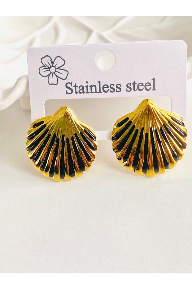 STEEL EARRINGS WITH SEA SHELL DESIGN IN BLACK AND GOLD
