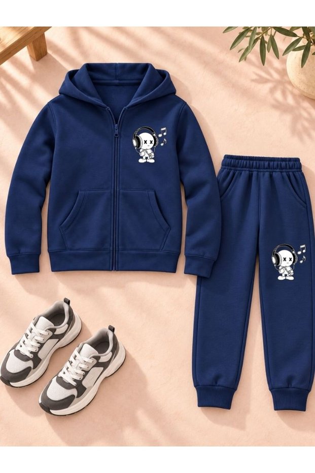 Busekids Unisex Sporty Printed Zipper Hooded Top and Bottom Set