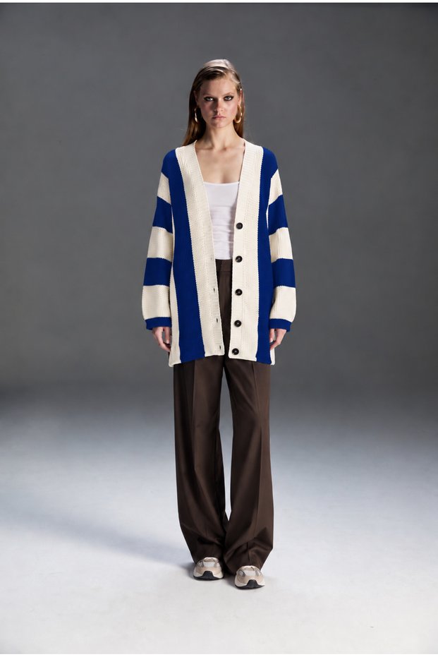 Women's Striped V-Neck Button-Front Oversized Long Knit Cardigan