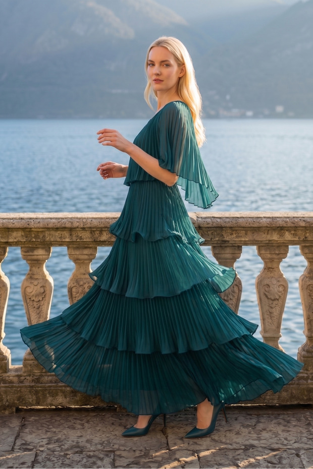 Astra V-Neck Tiered Pleated Long Chiffon Evening Dress