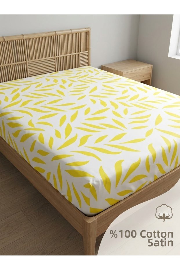 100% Cotton Satin Fitted Sheet (No Pillowcase) - Lemon Yellow Leaf Pattern