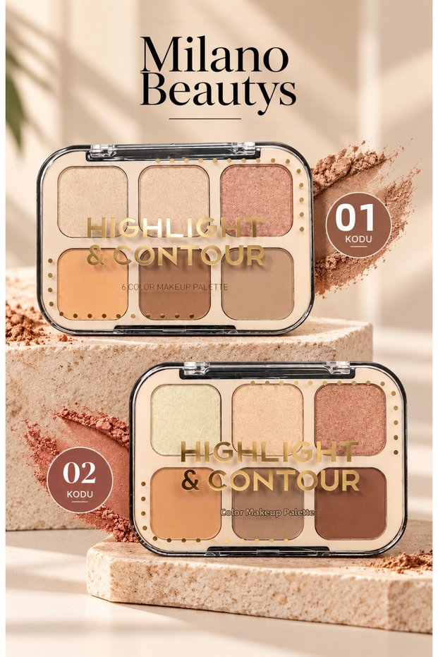 6-Piece Highlight & Contour Palette – Matte and Shimmery Shades, Face Makeup Palette 01/02