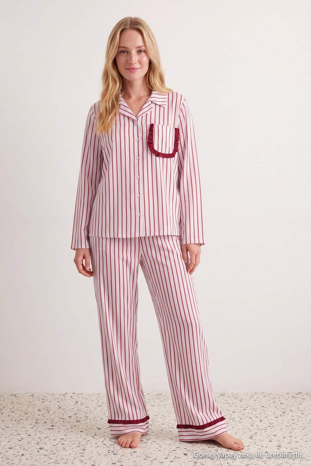 Kırmızı-Mavi Pamuk Karışımlı Çizgili Likralı Poplin Dokuma Pijama Takımı THMAW27PT00276