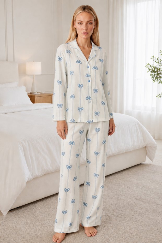 Women's Patterned Relaxed White Pajama Set 4661