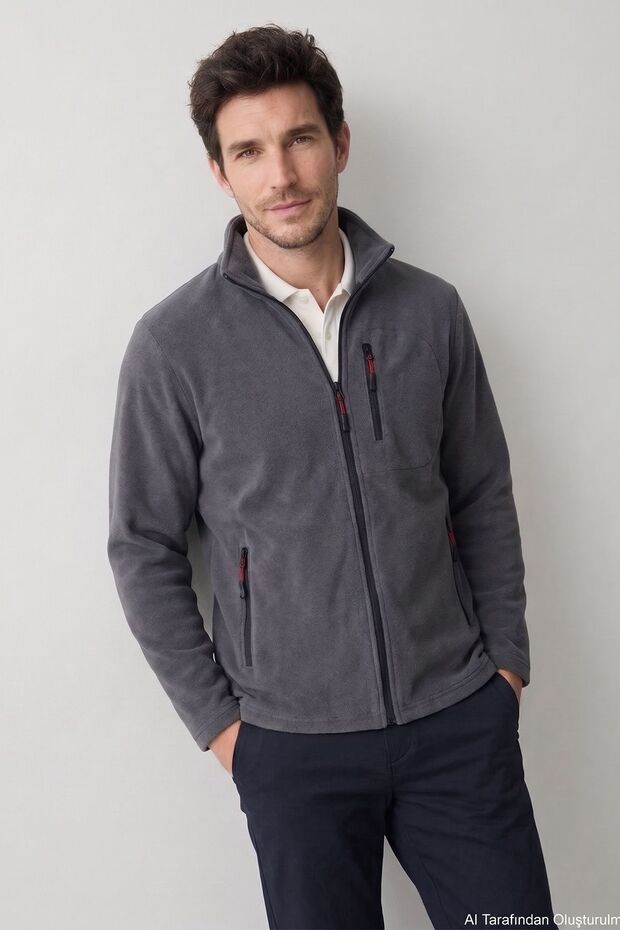 Men's Anthracite Anti-Pilling Standard Fit Full-Zip 3-Pocket Fleece Cardigan.