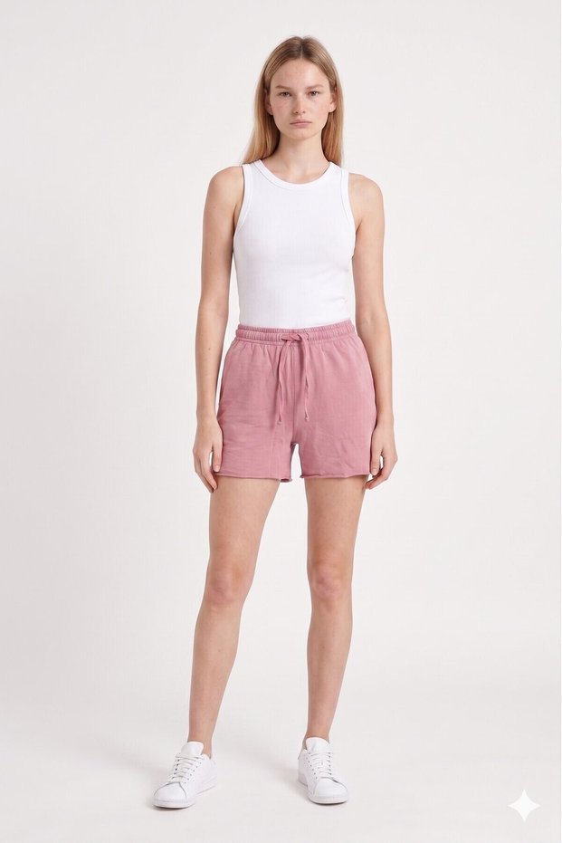 Pink Acid-Wash 100% Cotton Mini Shorts with Drawstring Waist and Elastic Cuff | Knit Fabric, Relaxed Fit, Casual