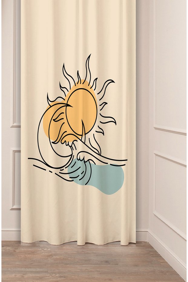 Bohemian Moon Sea Sun Wave Patterned Special Design Digital Printed (Single Wing) Soft Modern Background Curtain