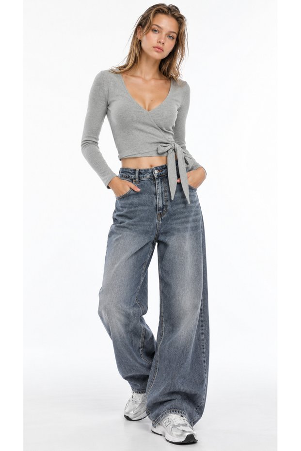 Gray Melange Double Breasted Crop Blouse