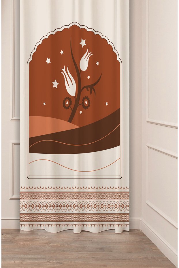 Tulip Flower Ethnic Anatolian Motif Patterned Special Design Digital Printed (Single Wing) Beige Cream Background Curtain