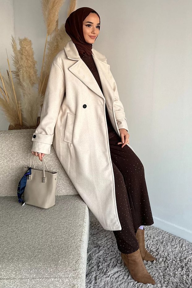 معطف كاشي بياقة مزدوجة الجوانب وجيبين للنساء المحجبات