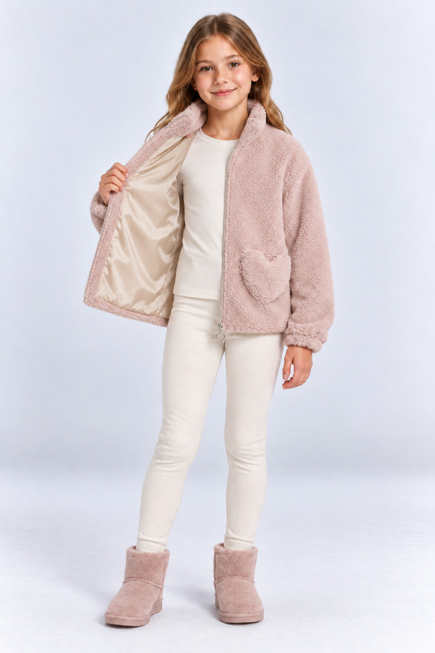 Girls' Detailed Plush Jacket with Zip Detail, Soft-Textured Design, and Mock Neck—Winter Cardigan Ak4176