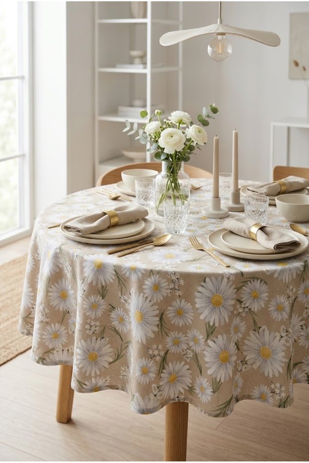 Stylish Round Tablecloth with Daisy Pattern - Premium-Quality Fabric, Stain Resistant, Digital Print, Waterproof, for Kitchen, Living Room, Balcony, and Garden