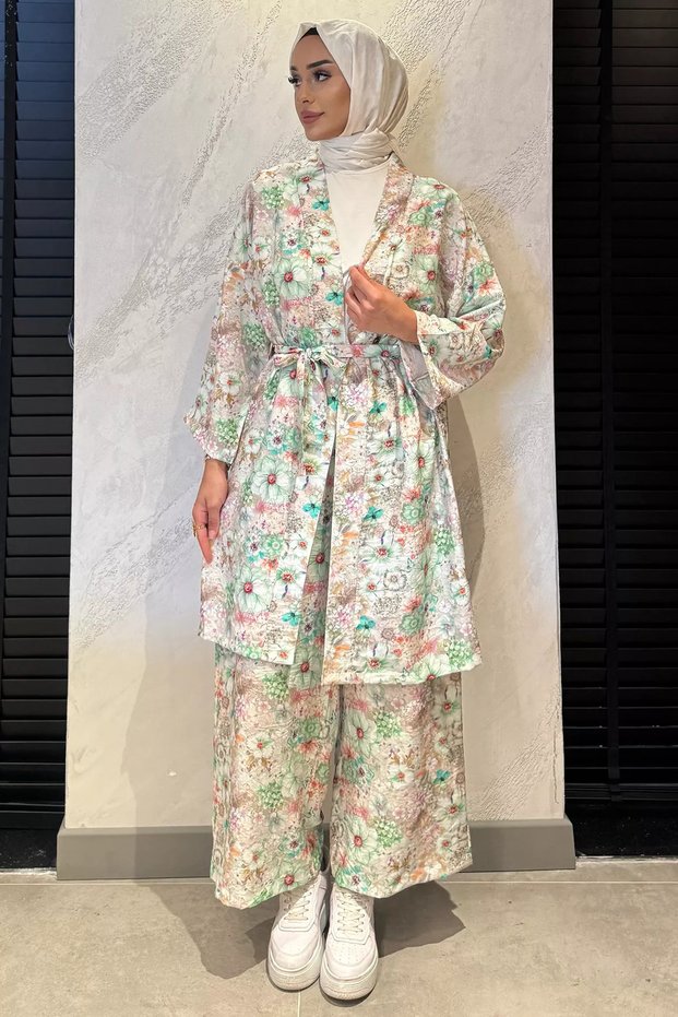 Floral Patterned Kimono Pants Hijab Double Set