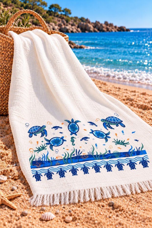 100% Cotton Printed Muslin Peştemal (Ocean)