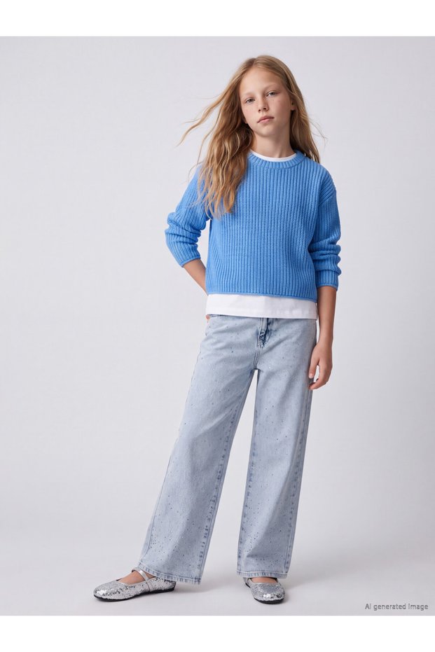 Rmz Gi̇yi̇m Farkiyla Wide Leg Stoned Girls' Jean Pants