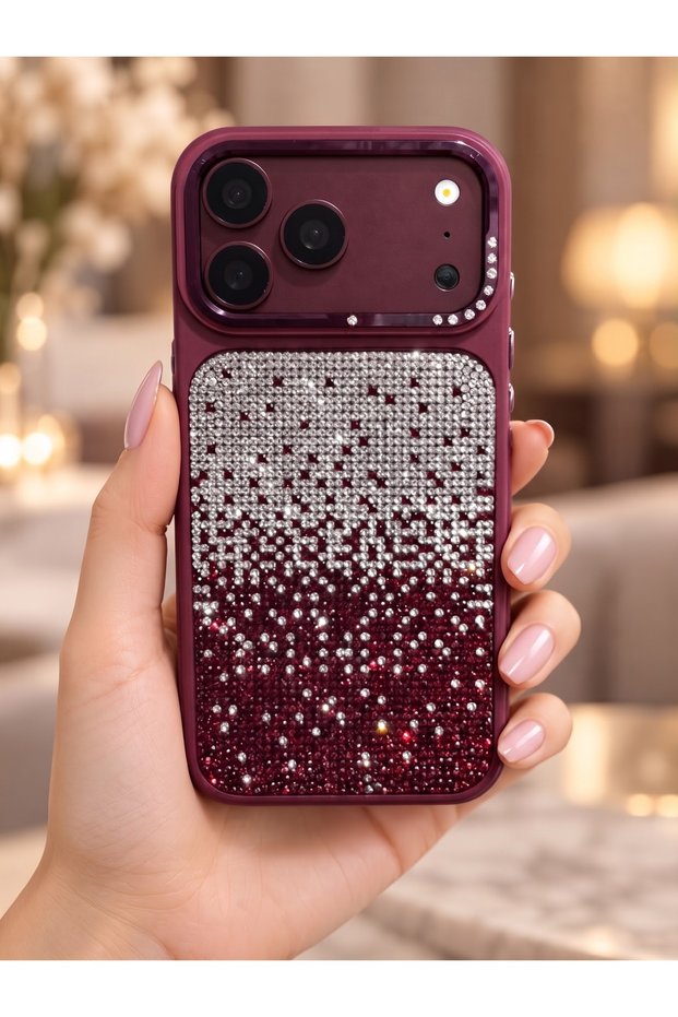 Burgundy-colored, stone-embellished premium phone case compatible with iphone 18 pro max – featuring side button details.