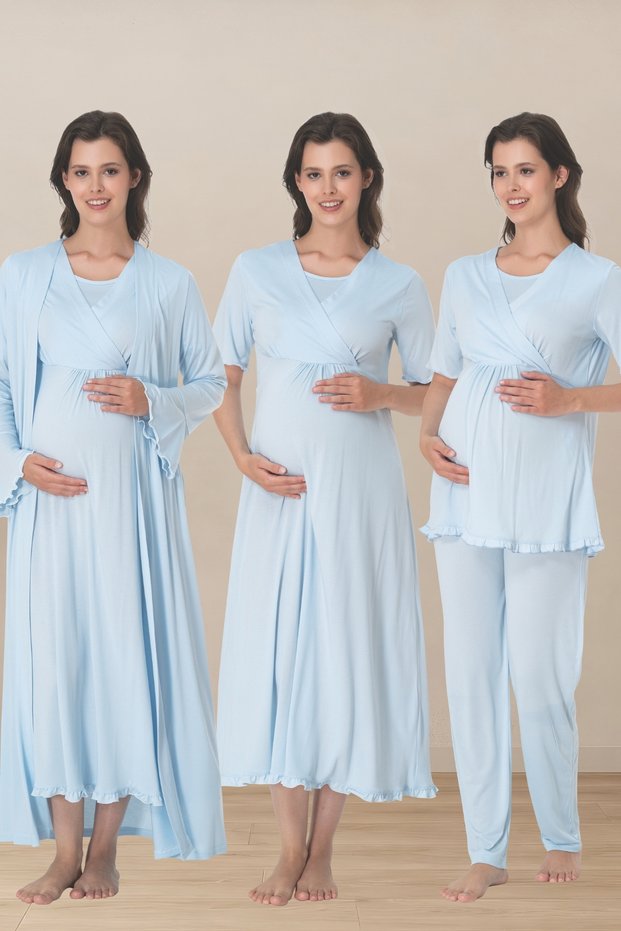 Venera Women's Ecru Cotton 4-Piece Maternity & Pregnancy Pajamas, Nightgown, Dressing Gown Set with Easy Breastfeeding Feature