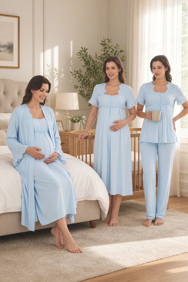 Enera Pink 4-Piece Maternity Set - Pajamas, Nightgown, and Robe Set with Easy Breastfeeding Feature