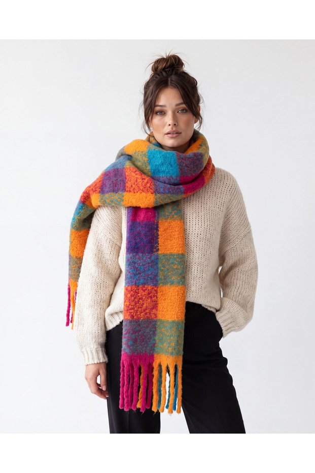 Women's Soft Textured Tassel Plaid Patterned Shoulder Shawl