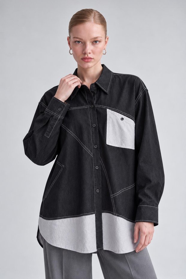 Black Denim Shirt with White Pockets